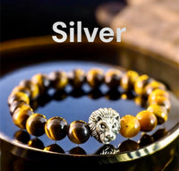 Tiger’s Eye - Yellow•Silver or Gold Lion Head Symbol•Custom Size•Round Smooth Stretch (8mm) Natural Gemstone Crystal Energy Bead Bracelet