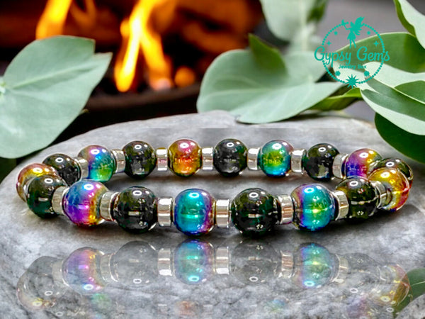 Hematite Rainbow, Black Onyx, Silver Hematite Disk Spacers Custom Size  Round Smooth Stretch (8mm) Natural Gemstone Crystal Energy Bead Bracelet