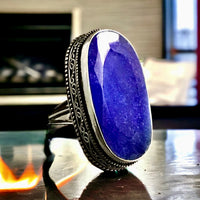 Sapphire Natural Gemstone .925 Sterling Silver Oval Statement Ring (Size 8.25)