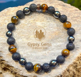 Triple Protection - Tiger Eye Yellow + Hematite + Lava Stone + Rose Wood Custom Size Round Smooth Stretch (8mm Regular Size beads or 10mm Grande Large) Natural Gemstone Crystal Energy Bead Bracelet