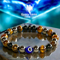 Personal Power - Tiger Eye Yellow + Black Obsidian + Hematite + Evil Eye + Rose Wood Custom Size Round Smooth Stretch (8mm) Natural Gemstone Crystal Energy Bead Bracelet