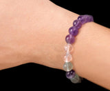 Intention - Stress & Anxiety - Amethyst + Fluorite + Quartz Crystal + Rainbow Labradorite Custom Size Round Smooth Stretch (8mm) Natural Gemstone Crystal Energy Bead Bracelet