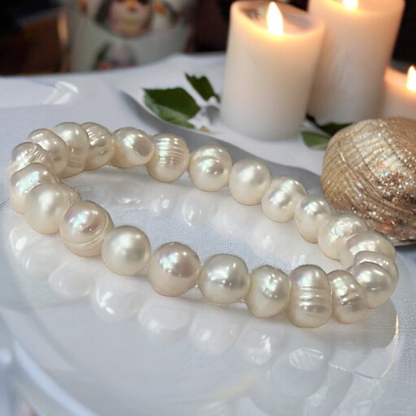 Pearl White Freshwater Genuine Round Smooth Stretch (8mm) Natural Gemstone Crystal Energy Bead Bracelet