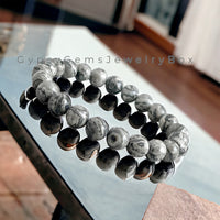 Jasper - Map Stone Gray Custom Size Round Smooth Stretch (8mm) Natural Gemstone Crystal Energy Bead Bracelet