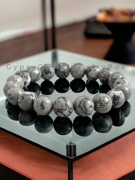 Jasper - Map Stone Gray Custom Size Round Smooth Stretch (10mm Grande) Natural Gemstone Crystal Energy Bead Bracelet