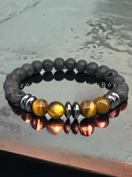 Tiger Eye Yellow + Hematite + Lava Stone Custom Size Round Smooth Stretch (8mm or 10mm) Natural Gemstone Crystal Energy Bead Bracelet