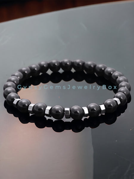 Onyx - Black Onyx with Silver Hexagon Stainless Steel Spacers Round Smooth Stretch (8mm) Natural Gemstone Crystal Energy Bead Bracelet