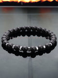 Onyx - Black Onyx with Silver Hexagon Stainless Steel Spacers Round Smooth Stretch (8mm) Natural Gemstone Crystal Energy Bead Bracelet