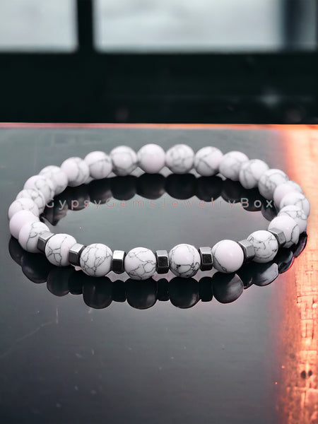 Howlite - White Howlite with Hexagon Stainless Steel Spacers Custom Size Round Smooth Stretch (8mm) Natural Gemstone Crystal Energy Bead Bracelet