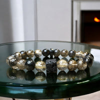 Quartz - Black Tibetan Himalayan Phantom Quartz Crystal with Lava Stone Rock Aromatherapy Stretch Energy Bead Bracelet