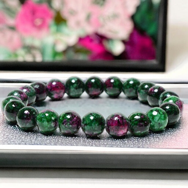 Ruby - Anyolite Ruby in Zoisite Custom Size Round Smooth Stretch (8mm) Natural Gemstone Crystal Energy Bracelet