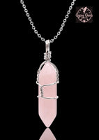 Crystal Natural Gemstone Mid Wire Wrap Double Point Pendant Necklace