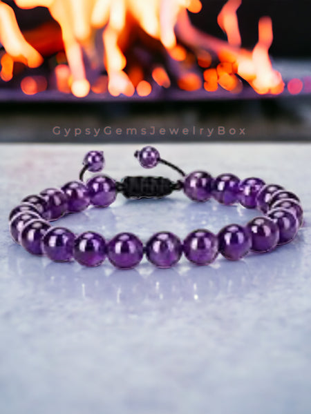 Amethyst - Purple Braided Macrame Adjustable Sliding Knot Round Smooth (8mm) Natural Gemstone Crystal Energy Bead Bracelet