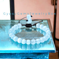 Cats Eye (Chrysoberyl) Blue Sky Braided Macrame Adjustable Sliding Knot Round Smooth (8mm) Natural Gemstone Crystal Energy Bead Bracelet