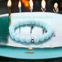 Amazonite - Custom Size Blue Frost Matte Rustic with Silver Spacer choice, Round Stretch (8mm) Natural Gemstone Crystal Energy Bead Bracelet