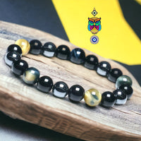 Triple Protection - Tiger’s Eye Dream Honey Yellow + Black Onyx + Hematite Round Smooth Stretch (8mm or 10mm beads) Natural Gemstone Crystal Energy Bead Bracelet