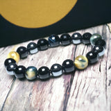 Triple Protection - Tiger’s Eye Dream Honey Yellow + Black Onyx + Hematite Round Smooth Stretch (8mm or 10mm beads) Natural Gemstone Crystal Energy Bead Bracelet