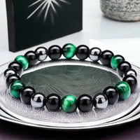 Triple Protection - Tiger’s Eye Green + Black Onyx + Hematite Custom Size Round Smooth Stretch (8mm or 10mm beads) Natural Gemstone Crystal Energy Bead Bracelet