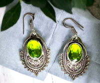 Peridot Green Natural Gemstone Oval Filigree Drop Dangle Hook .925 Sterling Silver Stamped Earrings