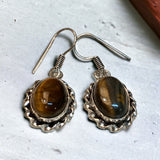 Tiger Eye Natural Gemstone Oval Drop Dangle Hook .925 Sterling Silver Stamped Earrings