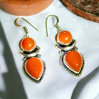 Carnelian Orange Double Stone Bezel with Silver Crescent Moon Natural Gemstone Pear & Circle Drop Dangle Hook .925 Sterling Silver Stamped Earrings