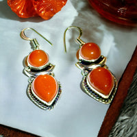 Carnelian Orange Double Stone Bezel with Silver Crescent Moon Natural Gemstone Pear & Circle Drop Dangle Hook .925 Sterling Silver Stamped Earrings