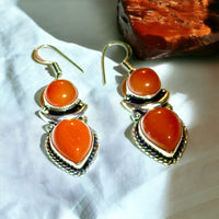 Carnelian Orange Double Stone Bezel with Silver Crescent Moon Natural Gemstone Pear & Circle Drop Dangle Hook .925 Sterling Silver Stamped Earrings