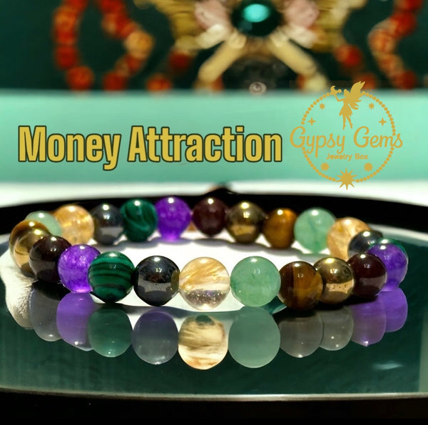 Intention - Money Attraction (Malachite + Aventurine + Citrine + Tiger Eye + Amethyst + Pyrite + Hematite + Garnet) Custom Size Round Smooth Stretch (8mm) Natural Gemstone Crystal Energy Bead Bracelet