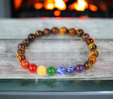 7 CHAKRA & Tiger’s Eye Yellow Golden Brown Custom Size Round Smooth Stretch Natural Gemstone Crystal Energy Bead Bracelet