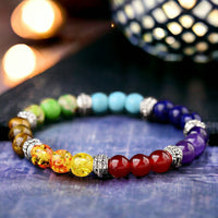 7 CHAKRA Custom Size Multicolor Rainbow Round Smooth Stretch Silver (8mm) Natural Gemstone Crystal Energy Bead Bracelet