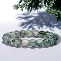 Agate - Tree Agate Green White•Custom Size•Round Smooth Stretch (8mm) Natural Gemstone Crystal Energy Bead Bracelet