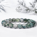 Agate - Tree Agate Green White•Custom Size•Round Smooth Stretch (8mm) Natural Gemstone Crystal Energy Bead Bracelet