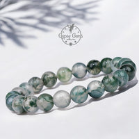 Agate - Tree Agate Green White•Custom Size•Round Smooth Stretch (8mm) Natural Gemstone Crystal Energy Bead Bracelet