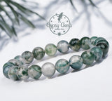 Agate - Tree Agate Green White•Custom Size•Round Smooth Stretch (8mm) Natural Gemstone Crystal Energy Bead Bracelet