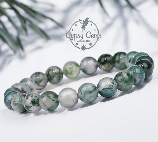 Agate - Tree Agate Green White•Custom Size•Round Smooth Stretch (8mm) Natural Gemstone Crystal Energy Bead Bracelet