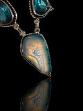Apatite + Golden Blue Agate Slice Natural Gemstone Pear shape .925 Sterling Silver Stamped Necklace and Earring 3 piece Set