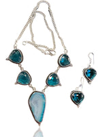 Apatite + Golden Blue Agate Slice Natural Gemstone Pear shape .925 Sterling Silver Stamped Necklace and Earring 3 piece Set
