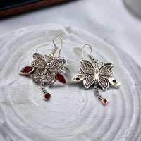 Garnet Red Natural Gemstone Dragonfly Filigree Drop Dangle Hook .925 Sterling Silver Stamped Earrings as