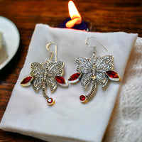 Garnet Red Natural Gemstone Dragonfly Filigree Drop Dangle Hook .925 Sterling Silver Stamped Earrings as
