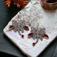Garnet Red Natural Gemstone Dragonfly Filigree Drop Dangle Hook .925 Sterling Silver Stamped Earrings as