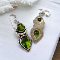 Peridot Double Stone Bezel with Silver Crescent Moon Natural Gemstone Pear & Circle Drop Dangle Hook .925 Sterling Silver Stamped Earrings