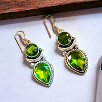 Peridot Double Stone Bezel with Silver Crescent Moon Natural Gemstone Pear & Circle Drop Dangle Hook .925 Sterling Silver Stamped Earrings