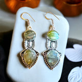 Labradorite Rainbow Double Stone Bezel Natural Gemstone Pear & Circle Drop Dangle Hook .925 Sterling Silver Stamped Earrings