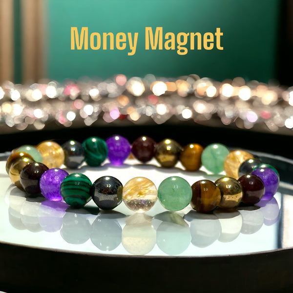Intention - Money Magnet - Malachite + Aventurine + Citrine + Tiger Eye + Amethyst + Pyrite + Hematite + Garnet Custom Size Round Smooth Stretch (8mm) Natural Gemstone Crystal Energy Bead Bracelet