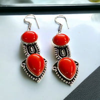 Red Coral Double Stone Bezel Natural Gemstone Pear & Circle Drop Dangle Hook .925 Sterling Silver Stamped Earrings