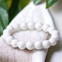 Carved Lotus White Tridacna Pearl "Pearl of Lao Tzu" Clam Shell Coral Vermeil Custom Size Round Stretch (8mm) Natural Earth Energy Bead Bracelet