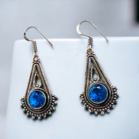 Topaz London Blue Natural Gemstone Circular Chandelier Drop Dangle Hook .925 Sterling Silver Stamped Earrings