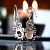 Rose Quartz Natural Gemstone Heart Drop Scroll Filigree Dangle Hook .925 Sterling Silver Stamped Earrings