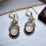 Rose Quartz Natural Gemstone Heart Drop Scroll Filigree Dangle Hook .925 Sterling Silver Stamped Earrings