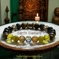 Earth Element Bracelet • Blue & Brown Aura Crystal, Lime Jade, Citrine, Olive Wood, Coconut Wood, Blue Tiger Eye, Moss Agate, Green Goldstone, Golden Tiger Eye, Smokey Quartz • Custom Size - Stretch (8mm) Natural Gemstone Crystal Energy Bead Bracelet